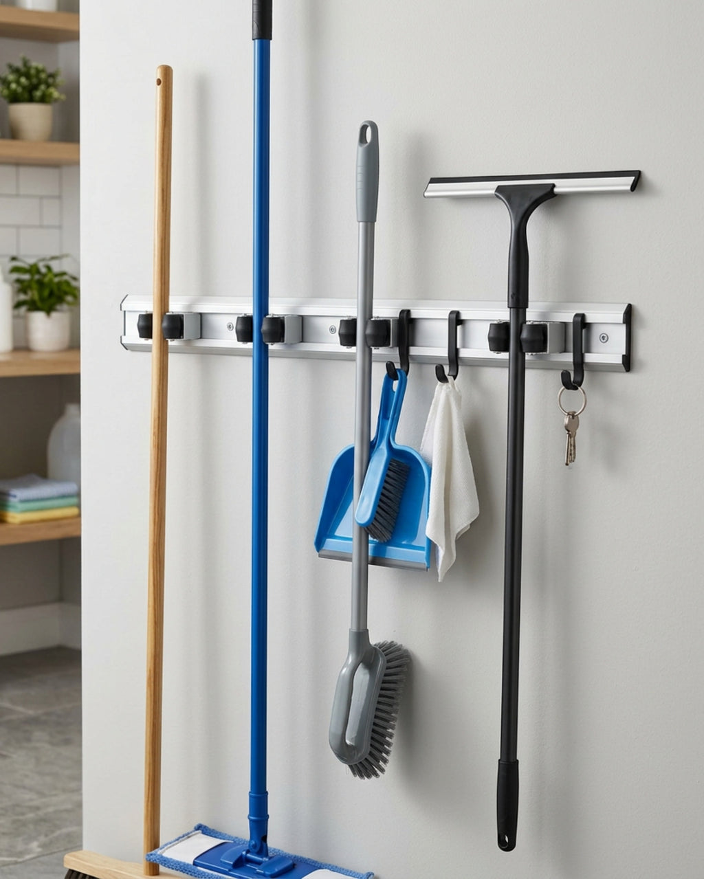Vyrno Aluminum Mop and Broom Organizer 50 cm 4 Grips 3 Hooks - Lifestyle view